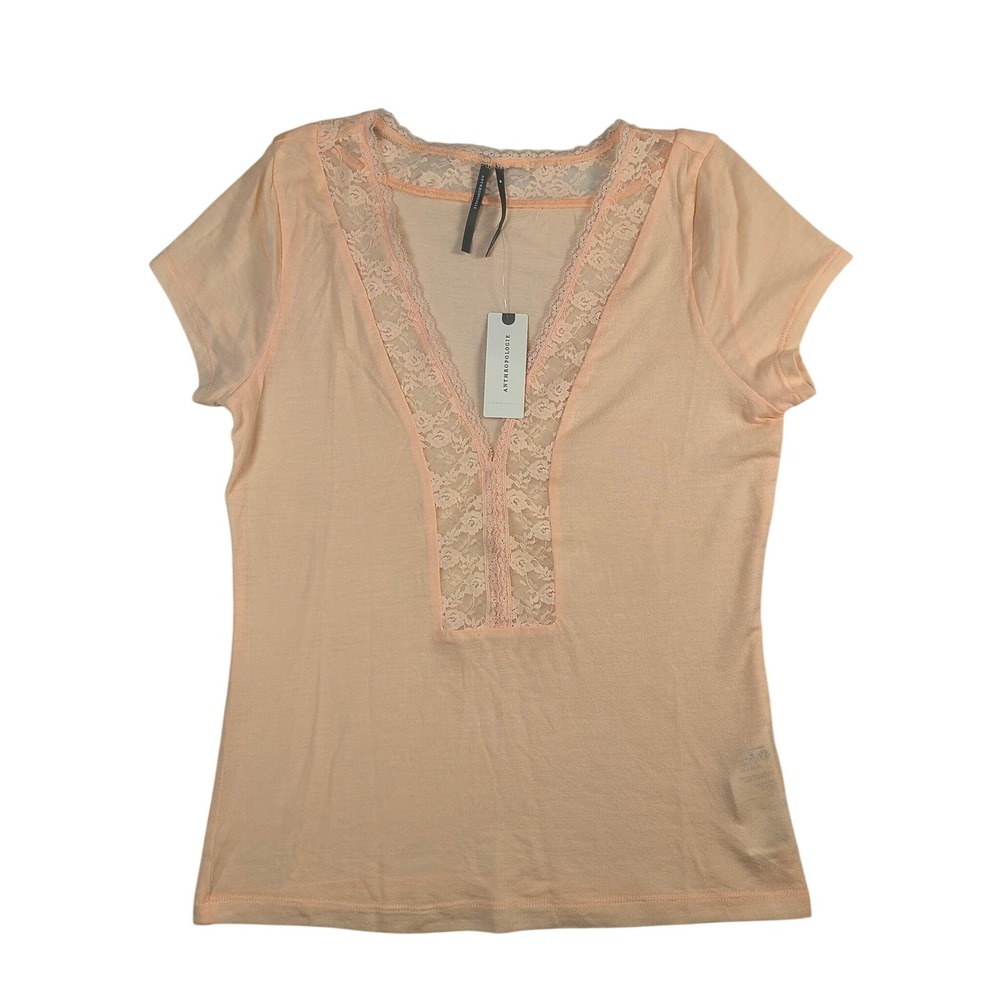Anthropologie Laced V Neck Tee Peach Lace Trim Lyocell Stretch Top NWT Medium - Picture 3 of 8